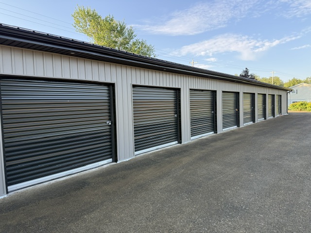 Row of storage units with black roll-up doors